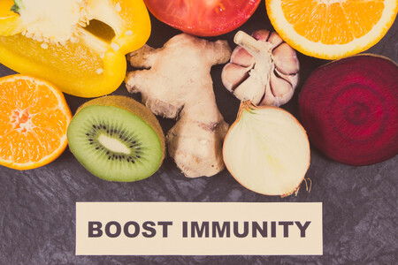 Inscription boost immunity with fresh fruits and vegetables. Source natural vitamins, minerals and fiber