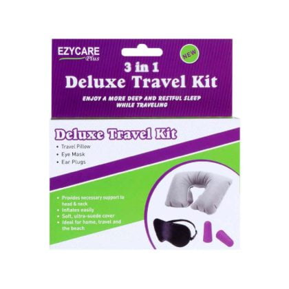EZYCARE-DELUXE-TRAVEL-KIT travel pillow, eye mask, ear plugs, support neck and head, soft cover, inflates easily, ideal for home, travel, beach