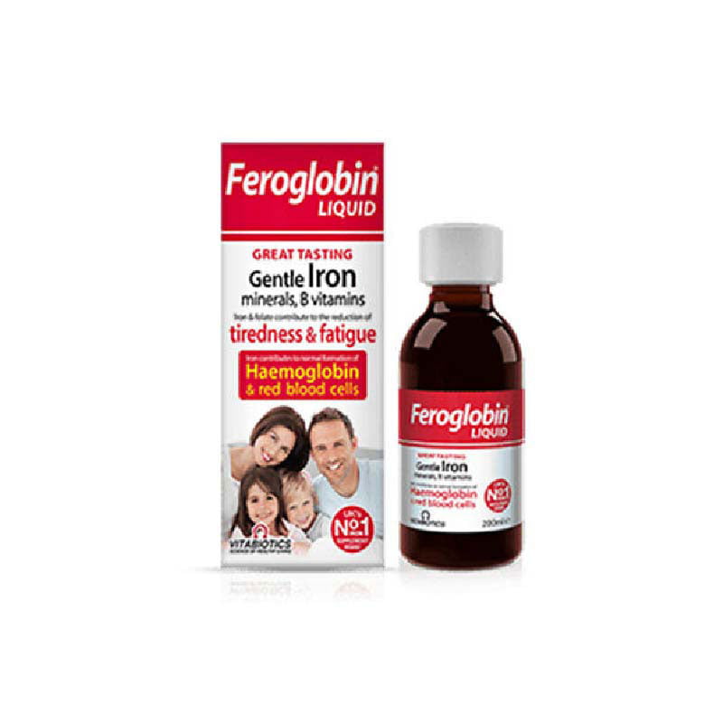 FEROGLOBIN-B12-GLASS-BOTTLE, great tasting, gentle iron, vitabiotics, health, vitality, and energy release. Iron folic acid, vitamin B12, B6 and zinc, for anemia, for the formation of hemoglobin and red blood cells, supplement