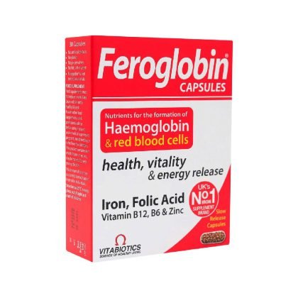 FEROGLOBIN, vitabiotics, health, vitality, and energy release. Iron folic acid, vitamin B12, B6 and zinc, for anemia, for the formation of hemoglobin and red blood cells, supplement