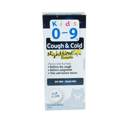 KIDS-0-9-COUGH-&-COLD-NIGHT-SYRUP. nighttime formula, relieve dry cough. relieve congestion, thin and loosen mucus, dye free, sugar free, great tasting