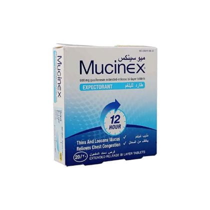MUCINEX-600MG-EXPECTORENT-TAB-20S, thins and loosens mucus, relieves chest congestion, extended release