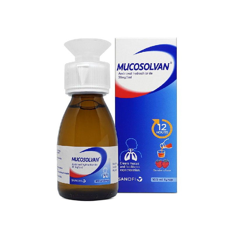 MUCOSOLVAN syrup, clears the bronchi and dissolves sticky mucus, strawberry
