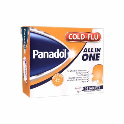 Panadol all in one, cold + flu, decongestant, antipyretic, pain relief, headache, sore throat, nasal congestion, chesty cough