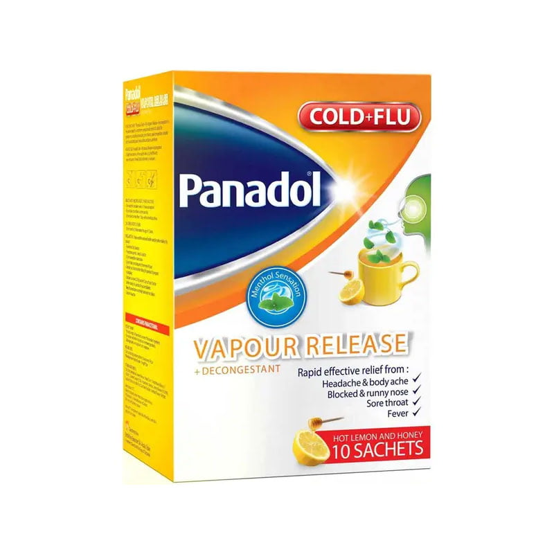 Panadol cold and flu, vapor release, decongestant, antipyretic, pain relief, headache, sore throat, nasal congestion