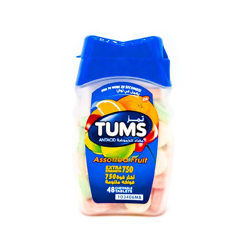Tums Extra strength. 750 extra strength. antiacid. works in seconds. 48 chewable tablets
