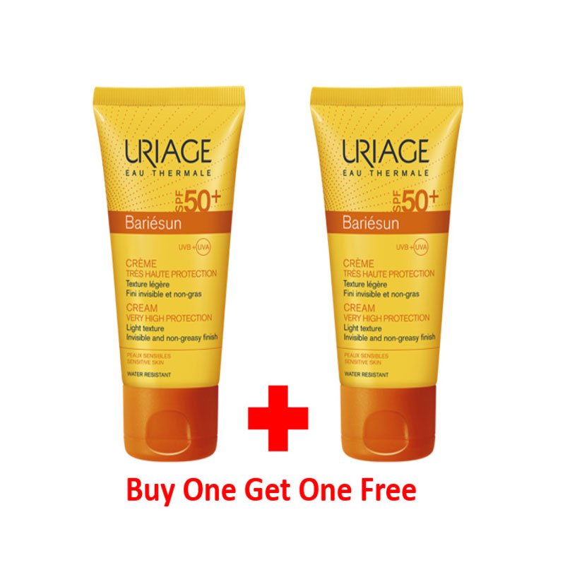 Uriage Bariesun sunscreen SPF 50+ UVA and UVB protection. Buy one and get one free offer
