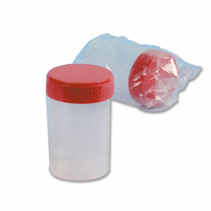 Urine container with red cap. 60 ml