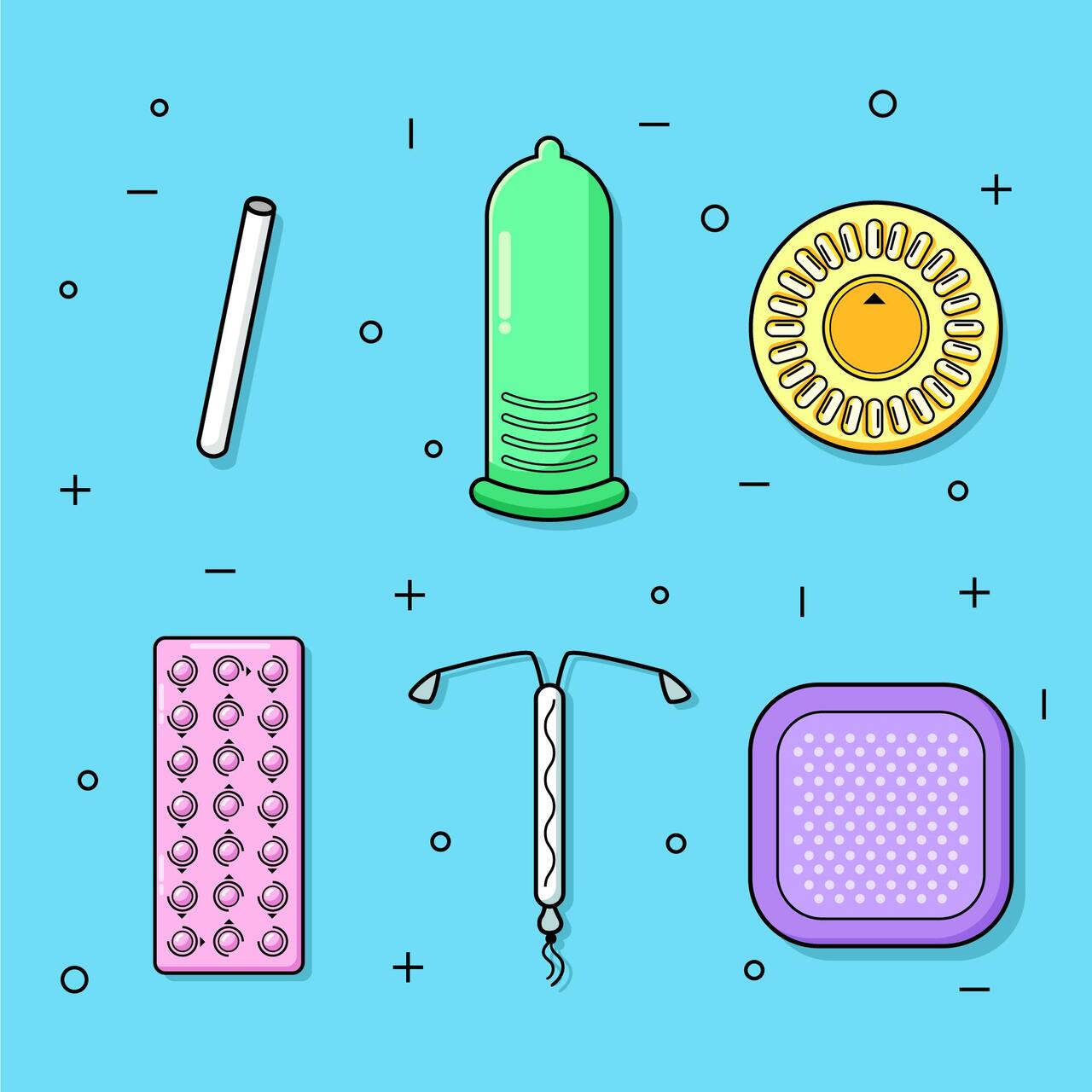 Different contraceptives methods collection. Contraception, condom, birth control pills, vaginal patch