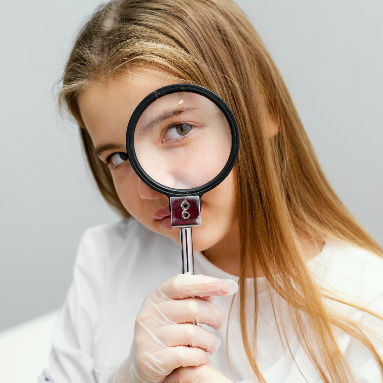 Front view of girl scientist holding magnifying glass. Skin cancer screenings concept.