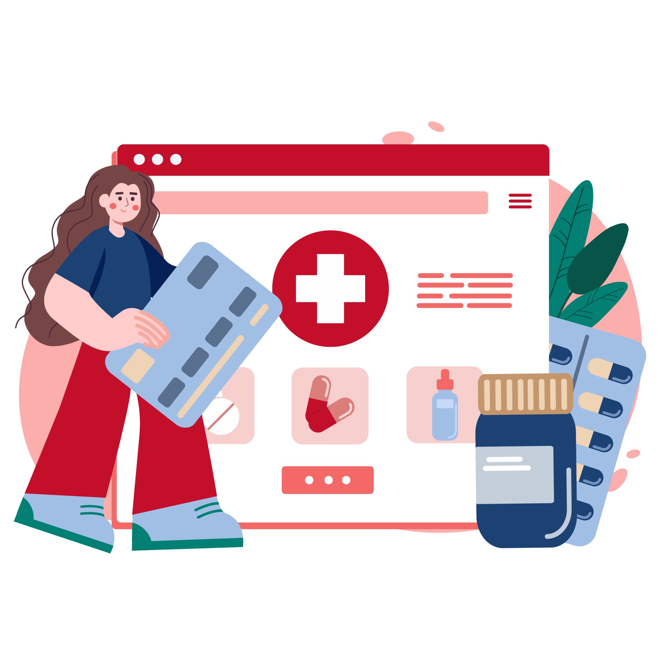 Online pharmacy red concept with people scene in the flat cartoon style. Girl wants to buy some pills on the online pharmacy using online banking. Vector illustration.