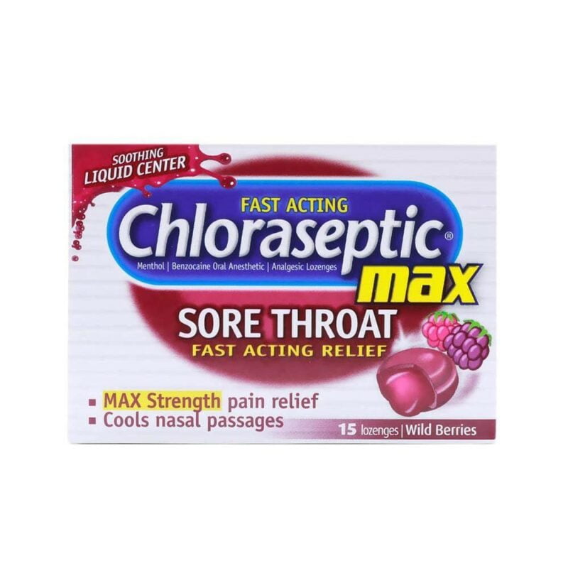 Chloraseptic-Max-Wild-Berries- sore throat, fast acting relief, max strength pain relief, cools nasal passages