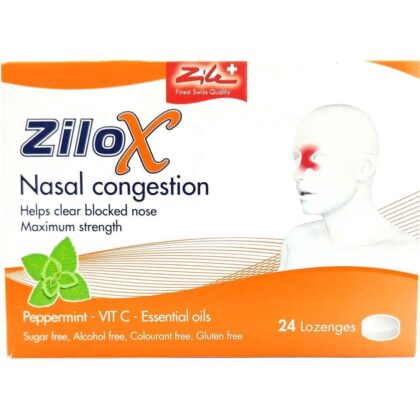 Zilox-Nasal-Congestion-Lozenges-clear blocked nose, maximum strength, vitamin C essential oils, peppermint