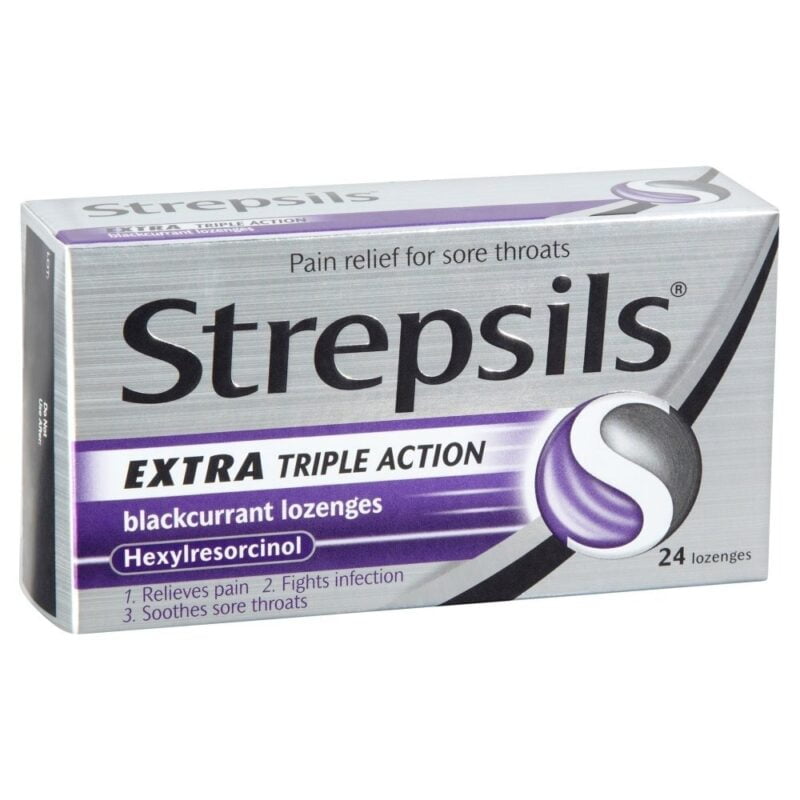 strepsils-extra-black-currant-24-lozenges, pain relief for sore throats, fights infection, soothes sore throat
