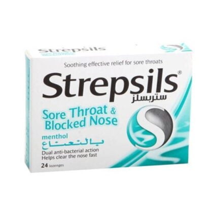 strepsils-menthol-24-lozenges, sore throat and blocked nose, dual anti-bacterial action, helps clear the nose fast