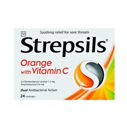 strepsils-orange-vitamin-C-24-lozenges, dual antibacterial action, relief sore throat