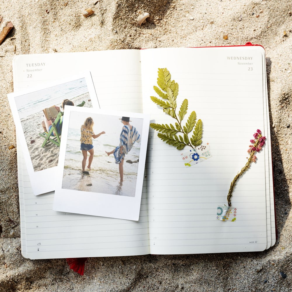 Travel Diary Memories Pictures Concept. Book with photos in it representing memories. Memory