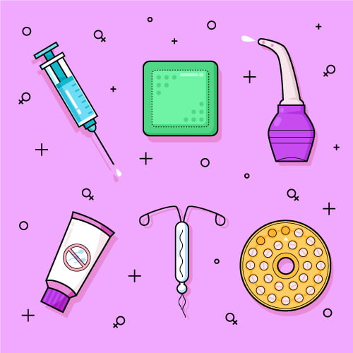 Female Contraception Methods: IUD, Patch, Pills, Vaginal douche, Injection, Spermicide. Different contraceptive methods.