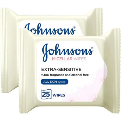 JOHNSONS-MICELLAR-EXTRA-SENSITIVE-WIPES, 100 fragrance and alcohol free for all skin types, micellar wipes