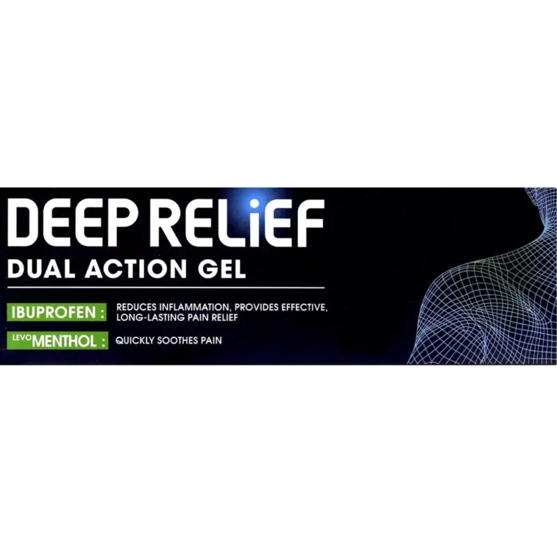 DEEP-RELIEF-dual action gel, Ibuprofen and menthol, quickly soothes pain, reduces inflammation, long lasting effect