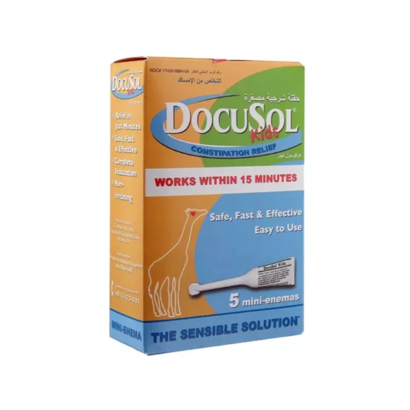 DOCUSOL-KIDS-MINI-ENEMA- works within 15 minutes, safe, fast and effective, easy to use, constipation relief