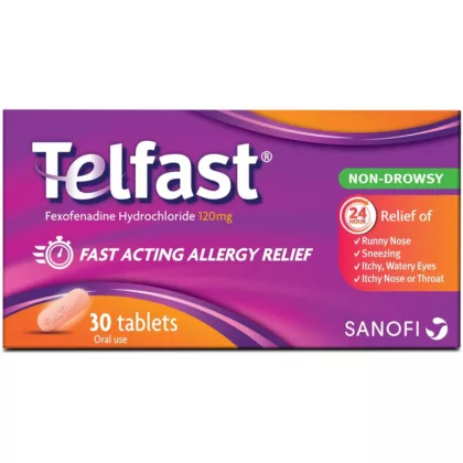 TELFAST, fast acting allergy relief, non-drowsy, anti allergic, treats allergic rhinitis symptoms such as sneezing and runny nose