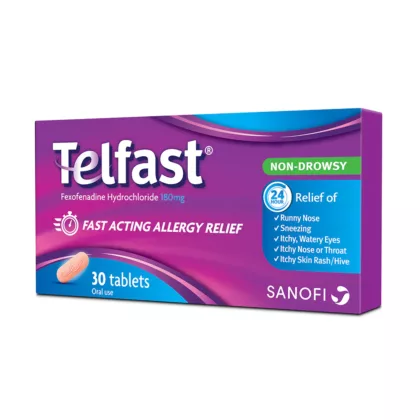 TELFAST, fast acting allergy relief, non-drowsy, anti allergic, treats allergic rhinitis symptoms such as sneezing and runny nose