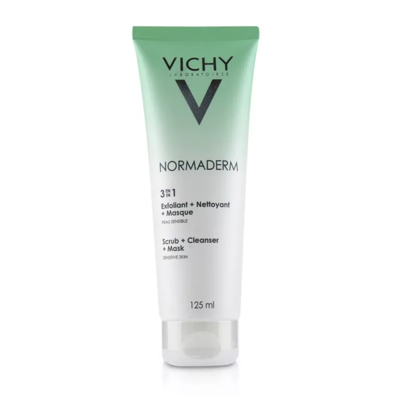 VICHY-NORMADERM-3-IN-1-CLEANSER-scrub, cleanser, mask, cosmetic, beauty, skincare, skin care
