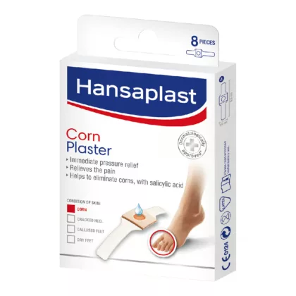 HANSAPLAST-CORN-PLASTER, immediate pressure relief, relieves the pain, helps to eliminate corns with salicylic acid