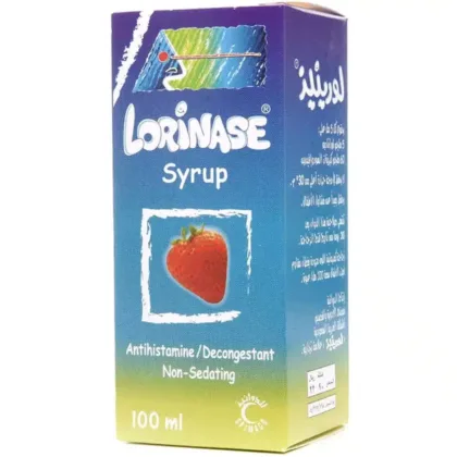 LORINASE-100-ML-GLASS-BOTTLE-SYRUP. ANTIHISTAMINE, DECONGESTANT, NON-SEDATING, ANTI ALLERGIC