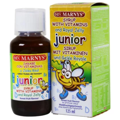 MARNYS-JUNIOR-SYRUP-WITH-VITAMINS-AND-ROYAL-JELLY-125-ML-GLASS-BOTTLE. syrup with vitamins and royal jelly