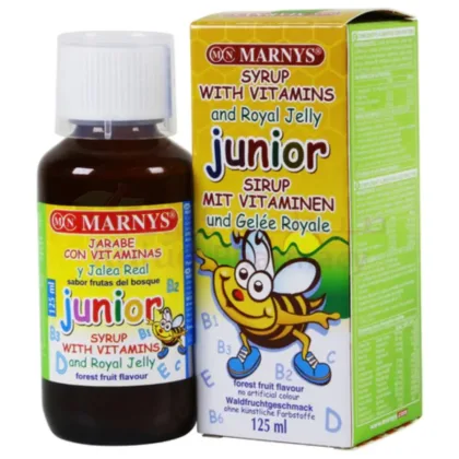 MARNYS-JUNIOR-SYRUP-WITH-VITAMINS-AND-ROYAL-JELLY-125-ML-GLASS-BOTTLE. syrup with vitamins and royal jelly