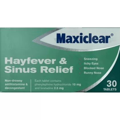 MAXICLEAR-HAYFEVER-SINUS-RELIEF-2.5-MG-10-MG-30S-TABLETS anti allergic, anti histamine, relieve sneezing, itchy eyes, blocked nose, and runny nose, non-drowsy