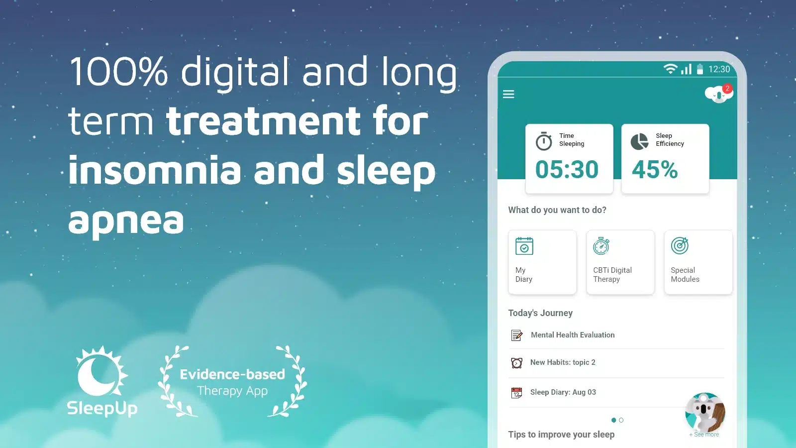 100% digital and long term treatment for insomnia and sleep apnea, software, sleep-up app, sleeping disorder