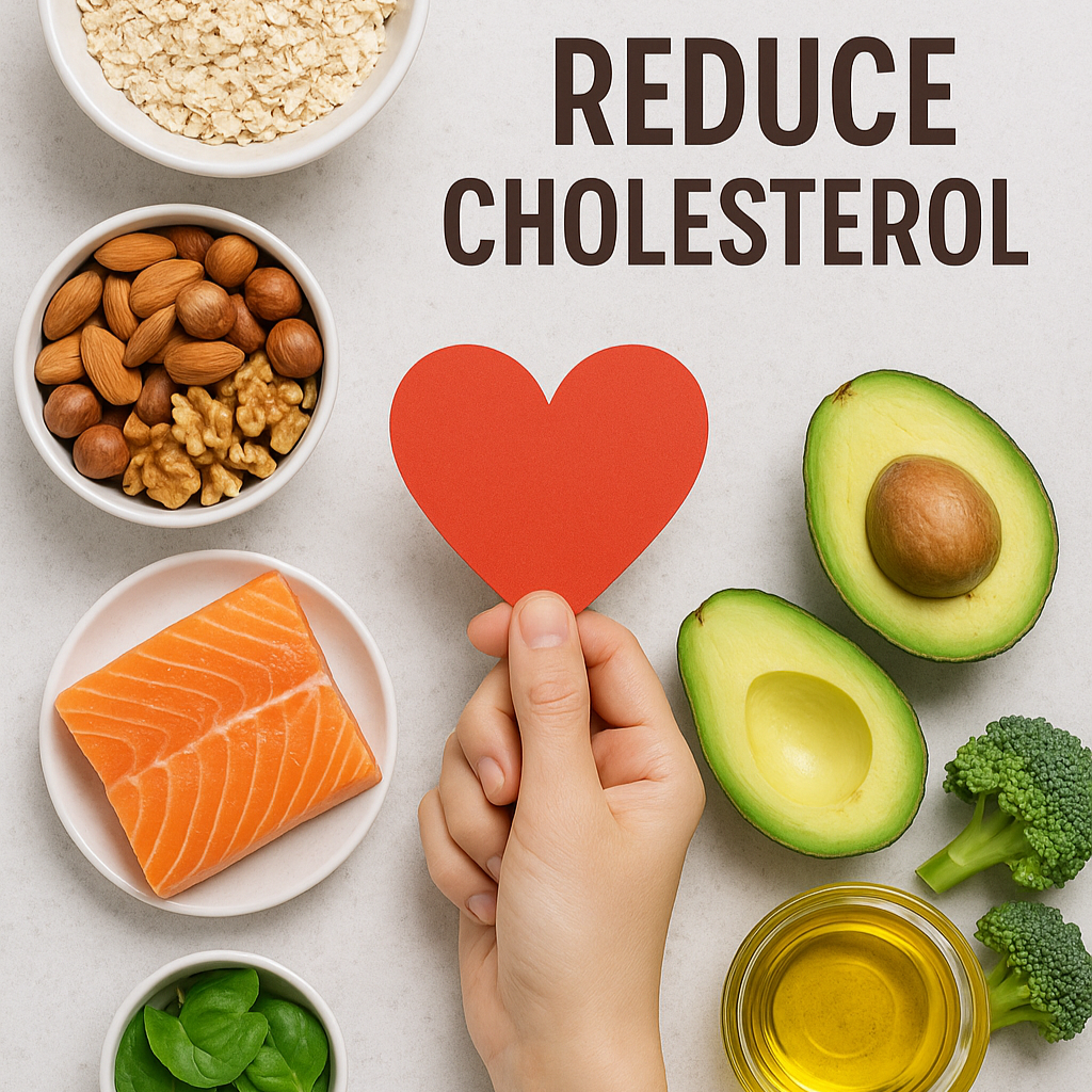Photorealistic top-down flat lay on a light gray/white stone background, minimalist nutrition poster about heart health. four white ceramic bowls stacked vertically containing rolled oats. mixed nuts (almonds and walnuts), a raw salmon fillet, and fresh baby spinach. Two avocado halves, small broccoli florets, and a small clear glass bowl filled with golden olive oil. A hand holding a red paper heart cutout. How to reduce cholesterol