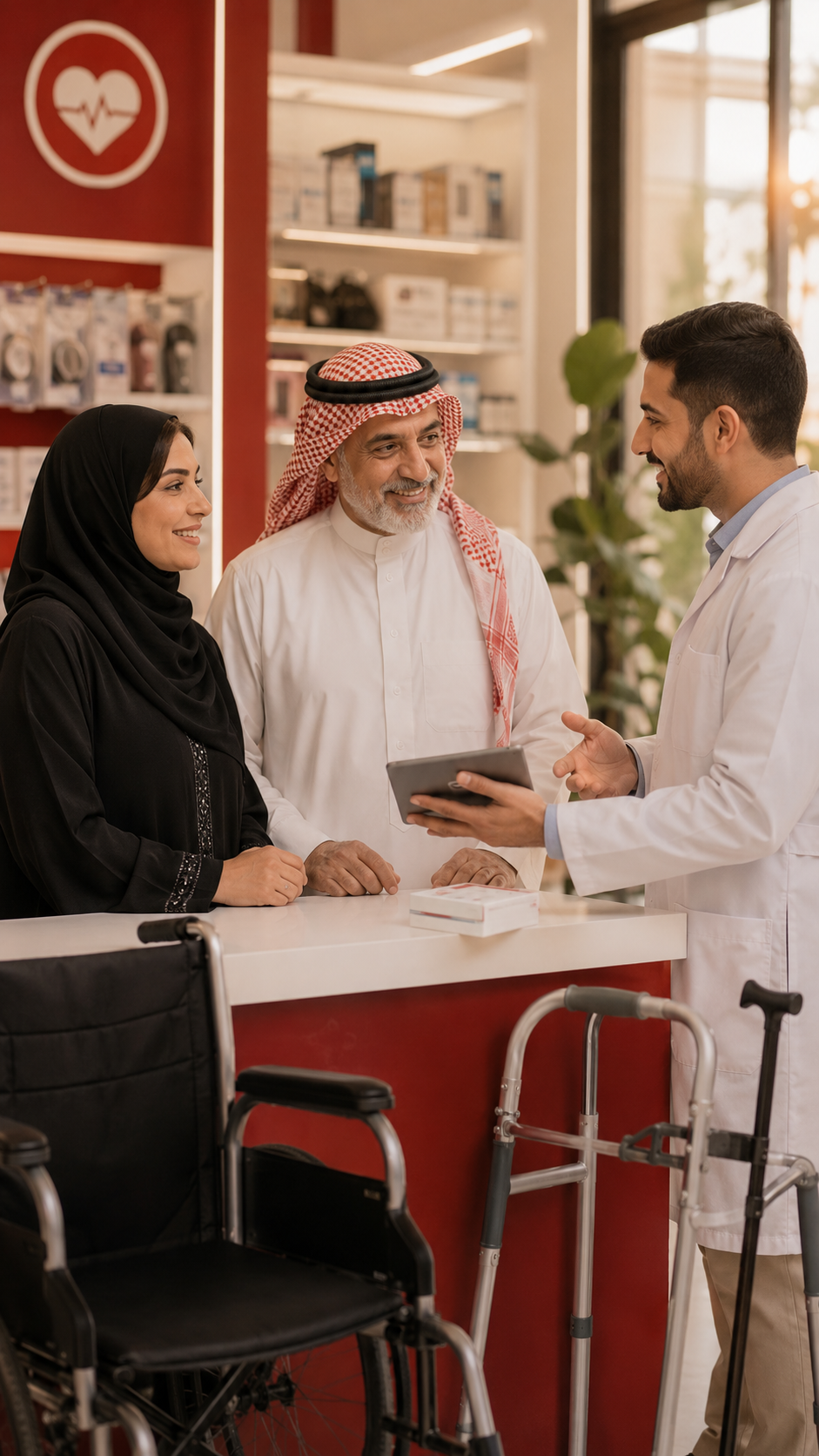 A pharmacist consulting with an Arab family at Al Thiqa Pharmacy, discussing durable medical equipment options including a wheelchair, walker, and cane. DMEPOS pharmacy