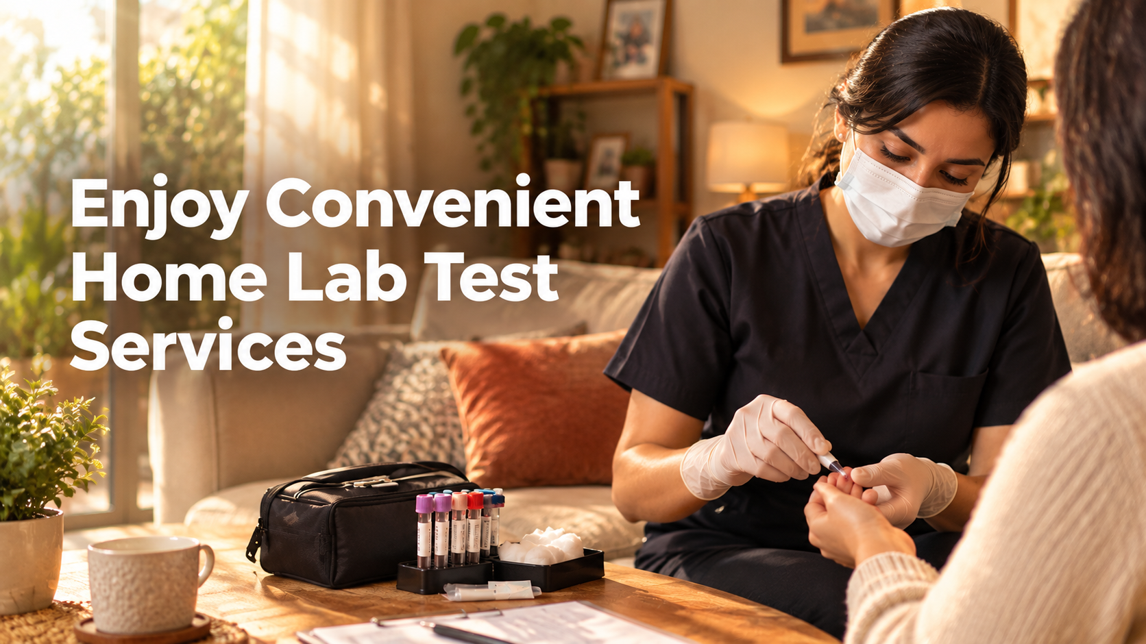 A healthcare provider wearing dark scrubs, a white face mask, and medical gloves carefully taking a blood sample from a patient's finger in a warm, cozy home setting. On the wooden coffee table nearby, a medical supply kit and blood sample collection tubes are neatly arranged. On the left side, prominent white text reads: 'Enjoy Convenient Home Lab Test Services'.